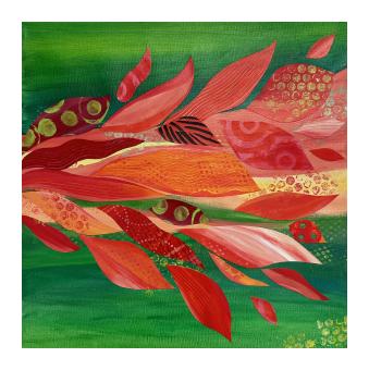 Acrylic collage depicting a patterned flower in orange on a green background.