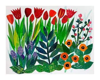 Acrylic collage depicting a colorful garden.