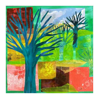 Acrylic collage in vibrant colors depicting trees without leaves.