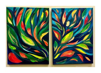 Acrylic collage depicting colorful leaf-esque shapes curving up.