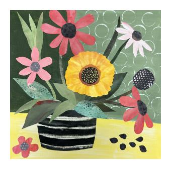 Acrylic collage depicting a basin of flowers done in yellows, greens, and pinks. 