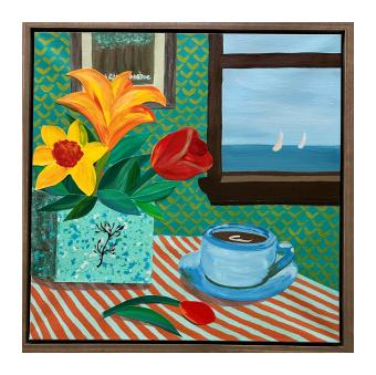 Acrylic collage depicting a still Iife of a cup of coffee and a vase of flowers on a striped table cloth.