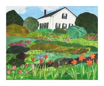 Mixed media piece depicting a landscape from the bottom of a colorful garden up to an overarching white house.