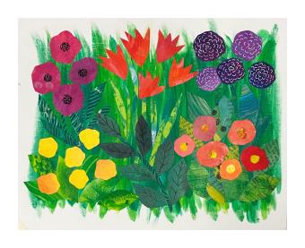 Acrylic collage depicting a garden filled with vibrant colors in yellows, pinks, and purples. 