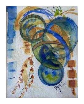 Abstract image of swirling watercolors in blue, orange, and green.