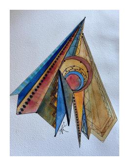 Image done in ink and watercolors depicting angular vertices, orange and blue.