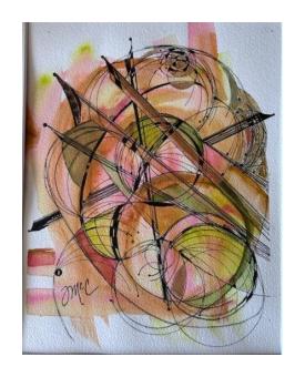 Image of circular motions and sharp angles in watercolors and ink, orange and yellow. 