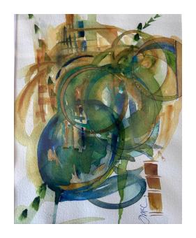 Watercolor painting of a swirling, circular motion done in orange, blue, and green. 