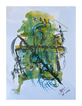 Image in blue and green watercolors that resembles music notes.