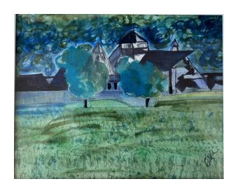 Watercolor image of a farm field with barn in the back, primarily blue and green.