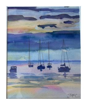 Watercolor painting of a sunset on the waterfront.