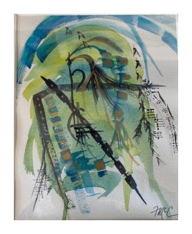 Image of swirling colors and harsh blacks done in green, blue, and black watercolors.