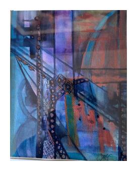 Watercolor painting done in deep blues and purples with crossing sharp lines.