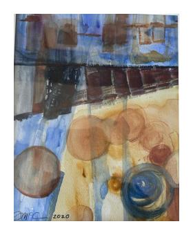 Watercolor painting done in blues, oranges, and browns depicting circular forms.