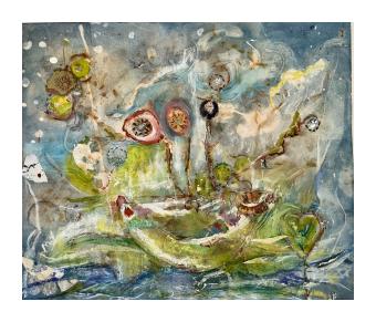 Mixed media of an abstract sea landscape in blues, greens, and white.