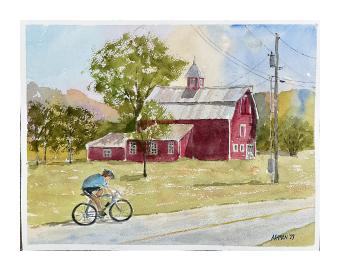 Watercolor painting depicting a child biking down a road next to a barn