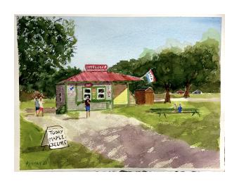 Watercolor painting depicting a house with children playing outside.