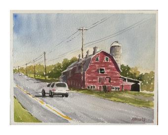Watercolor painting depicting a white car going down a road alongside a red barn