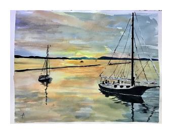 Watercolor painting depicting a scene on the waterfront with two boats