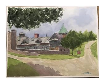 Watercolor painting depicting a fork in two roads alongside a extensive house.