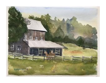 Watercolor painting depicting a brown barn in a green pasture, surrounded by the trees.