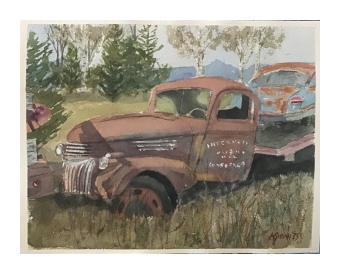 Watercolor painting depicting an old & rusted truck in a green pasture