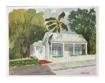 Watercolor painting depicting a white house on a sunny street with a palm tree in the background