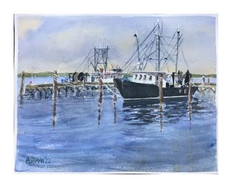 Watercolor painting depicting boats at the dock 