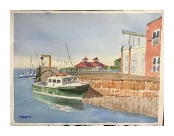 Watercolor painting depicting a boat docked alongside the bank of the river, houses are visible slightly