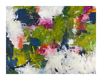 Abstract painted in strong strokes of green, blue, and white, with traces of pink.