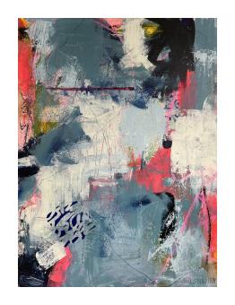 Acrylic abstract in blue, pink, white, and black.