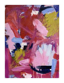 Acrylic abstract in bold strokes of reds, pinks, and traces of pastel blue.