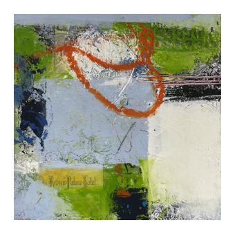 Abstract in pastel blue, white, olive green, with a defining curved motion in rust orange.
