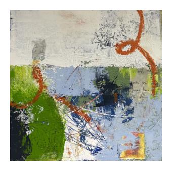 Abstract in olive green, white, pastel blue, with a continuous curved line throughout in rust orange.