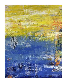 Acrylic abstract of textured motions in vibrant blue and yellow.