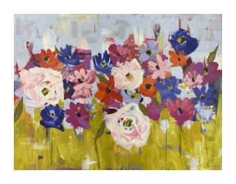 Acrylic painting depicting a garden of flowers in blue, red, fuschia, and pastel pink. 