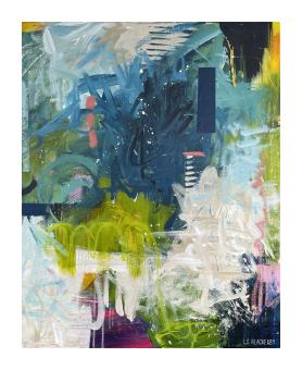 Acrylic abstract in various shades of blue, white, and olive green.
