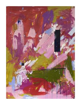 Abstract acrylic with visible brush strokes of red, pink, and green.