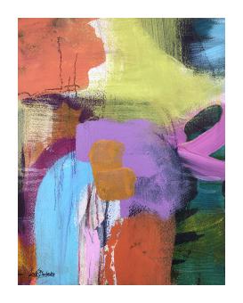 Charcoal abstract piece in vibrant shades of blue, purple, yellow, pink, orange, and green. 