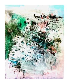 abstract oil painting that is a gestural and layered mix of expressive brushstrokes in shades of forest green, white, pale pink, and teal.