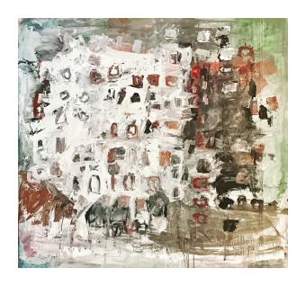 abstract oil painting that explores texture, light, and form through expressive brushstrokes in white, grey, brown, red, and green