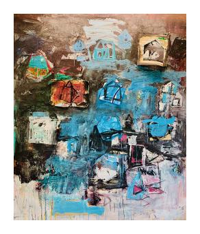 An abstract oil painting on canvas featuring a dark, textured background in shades of brown and charcoal, overlaid with vibrant, gestural strokes of cerulean and sky blue