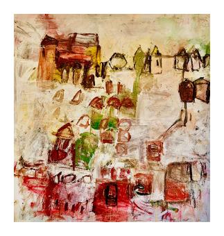 An abstract oil painting of a landscape, possibly a city skyline or natural forms, in earth tones of burnt orange, terracotta, moss green, and white.