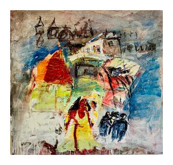 An abstract oil painting that combines gestural brushstrokes with fragmented figurative elements. The composition features a central figure in a vibrant yellow dress