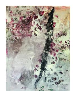 An abstract oil painting featuring a central vertical black stroke amidst a hazy field of lavender, grey, and white. Expressive clusters of deep cranberry and magenta marks suggest organic forms like leaves or berries.
