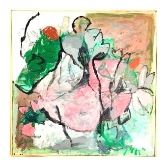 An abstract oil painting of a floral garden featuring soft pink and grey shapes defined by bold, black gestural outlines. The composition is accented with vibrant splashes of forest green, red, and teal against an earthy background.