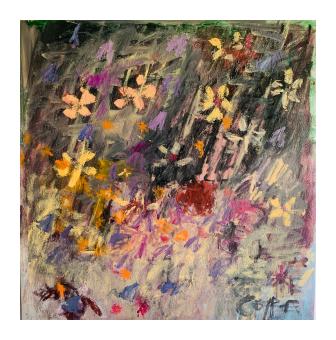 An abstract oil painting with a dark, turbulent background of charcoal and purple. Expressive, gestural marks in yellow, peach, and orange suggest scattered floral shapes across a heavily textured surface.