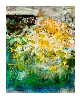 An abstract oil painting featuring a bright, central cluster of yellow and white gestural marks suggesting flowers. The composition is grounded by vibrant greens and teals