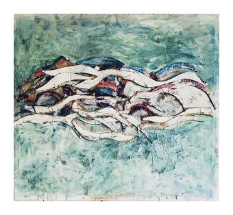 An abstract mixed media painting with a central cluster of curved, wave-like collaged strips layered over a dark core. The background is a textured field of pale teal, expressive brushstrokes.