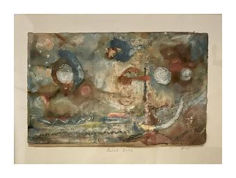 Abstract mixed media piece in burnt colors.